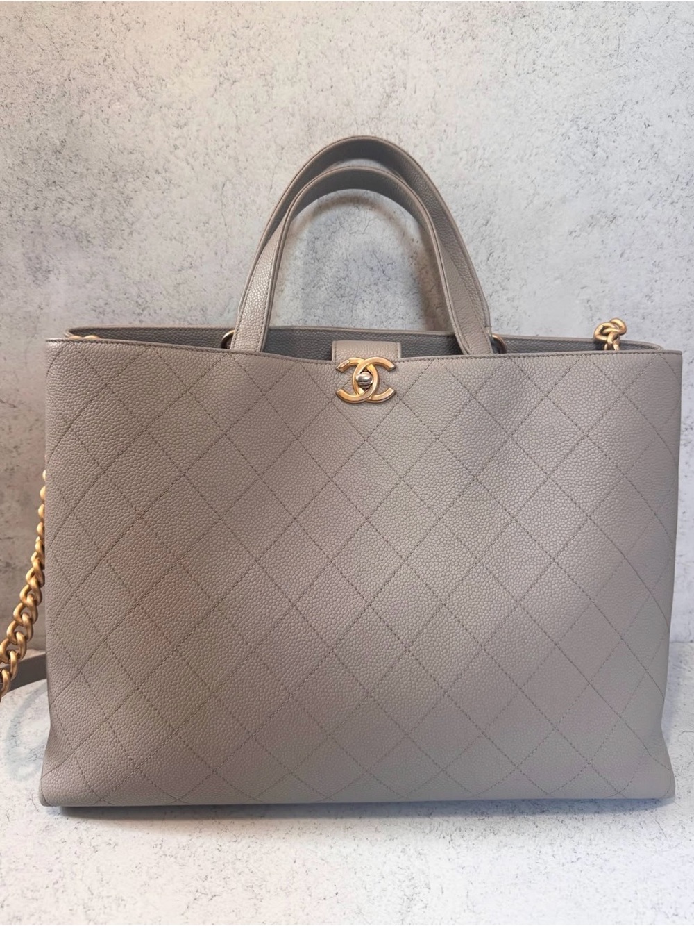 CHANEL Quilted Taupe Leather Tote with Gold CC Accent